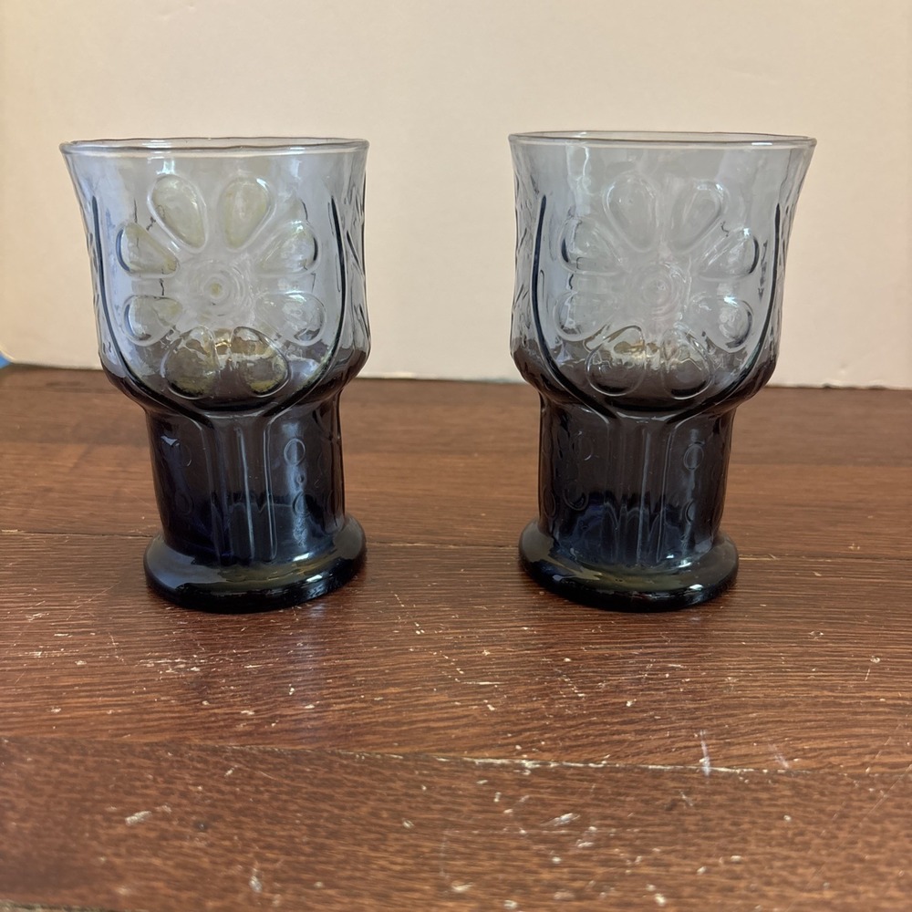 Vtg 1970's Libbey 8 oz Daisy Flower Country Blue Embossed 5" Tall Glass Set of 2